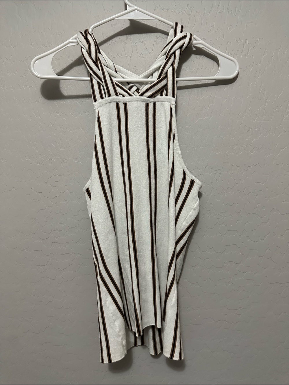 White House Black Market Women’s braided halter top with Brown Stripes